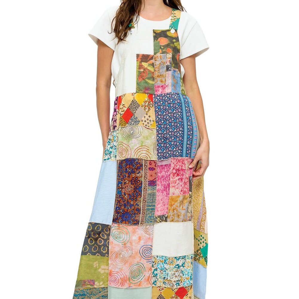 4-0327 Patchwork Cotton overall dress - lightweight boho maxi dress overalls